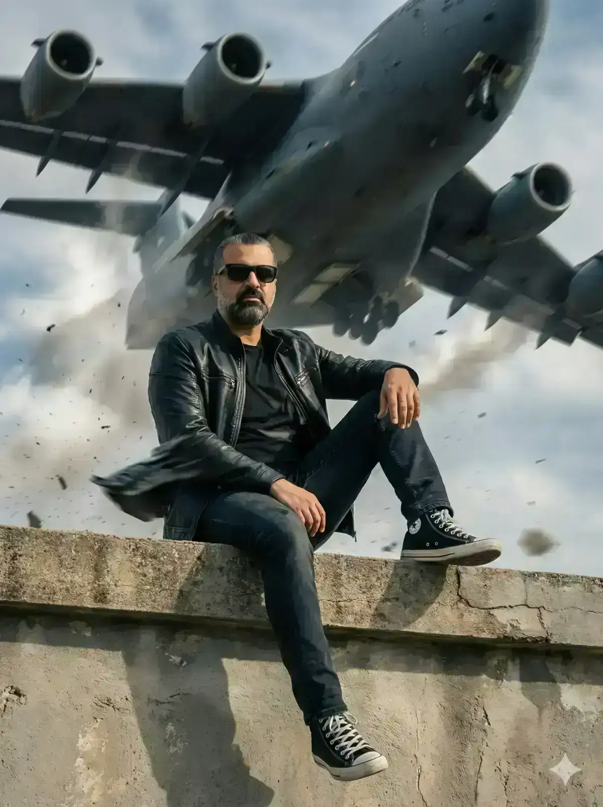 A man wearing black sunglasses, a black t-shirt, black leather jacket, dark denim pants, and black Converse-style sneakers sits casually on a concrete ledge