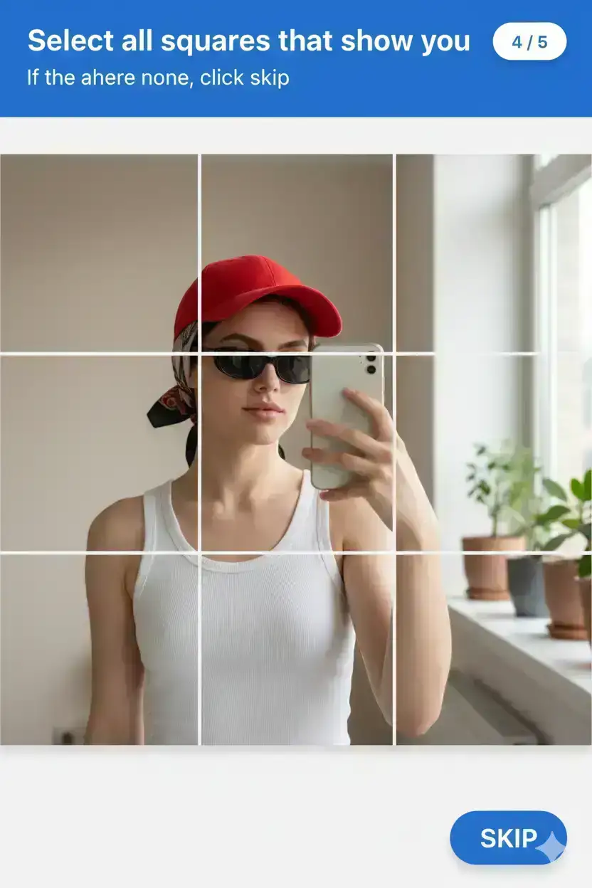 Natural skin texture, visible pores, realistic lighting. SCENE: Create a realistic CAPTCHA verification screen exactly like a mobile