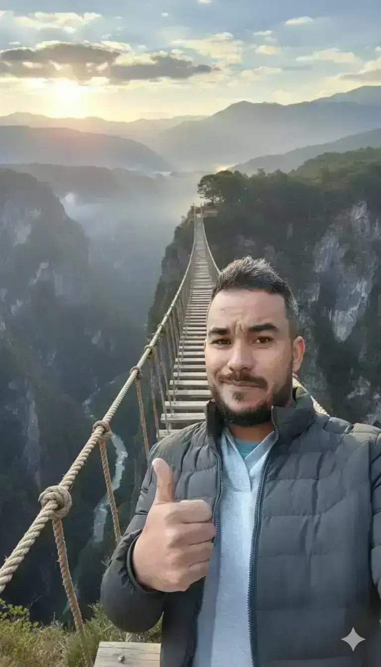 crossing a long rope bridge over a deep valley.