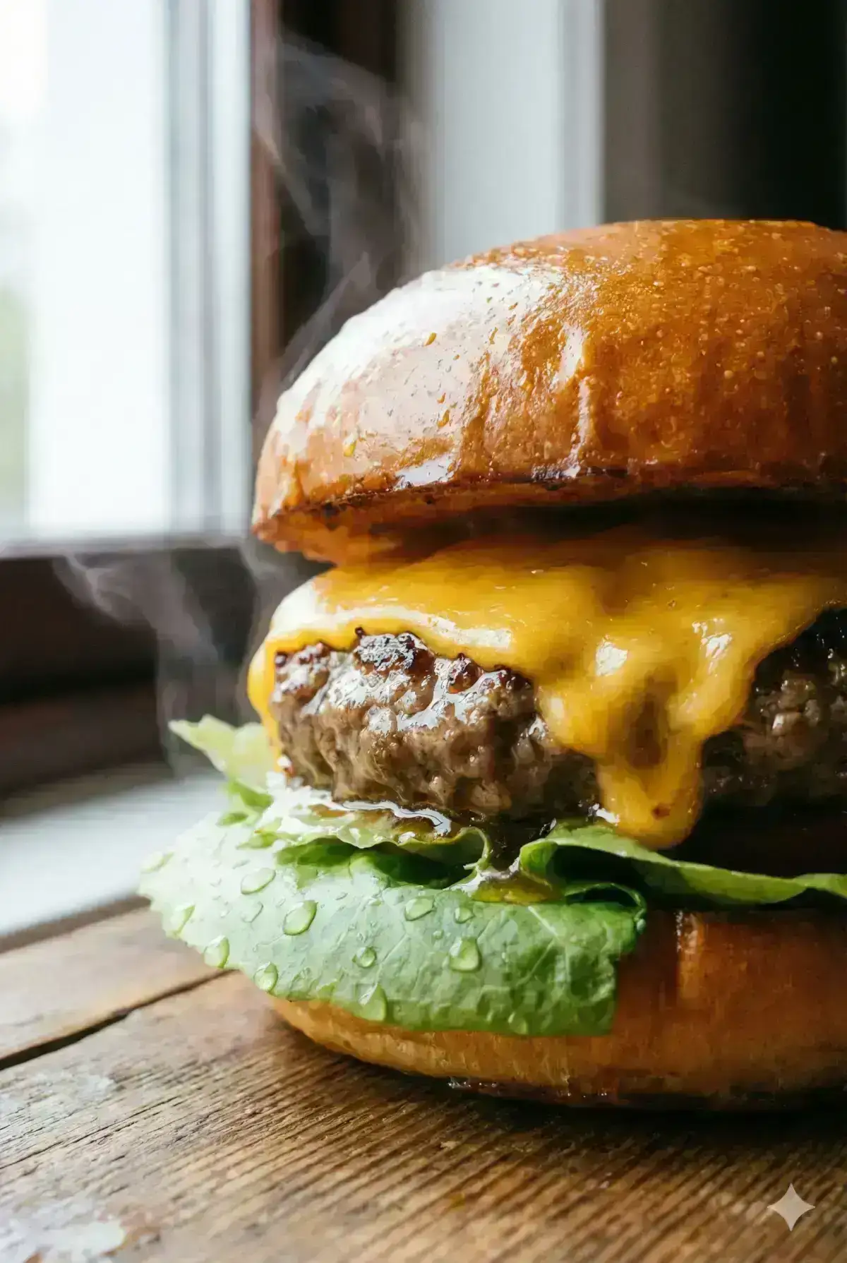 Macro food photography of a juicy beef burger with melted cheddar cheese dripping down the side, glistening grease