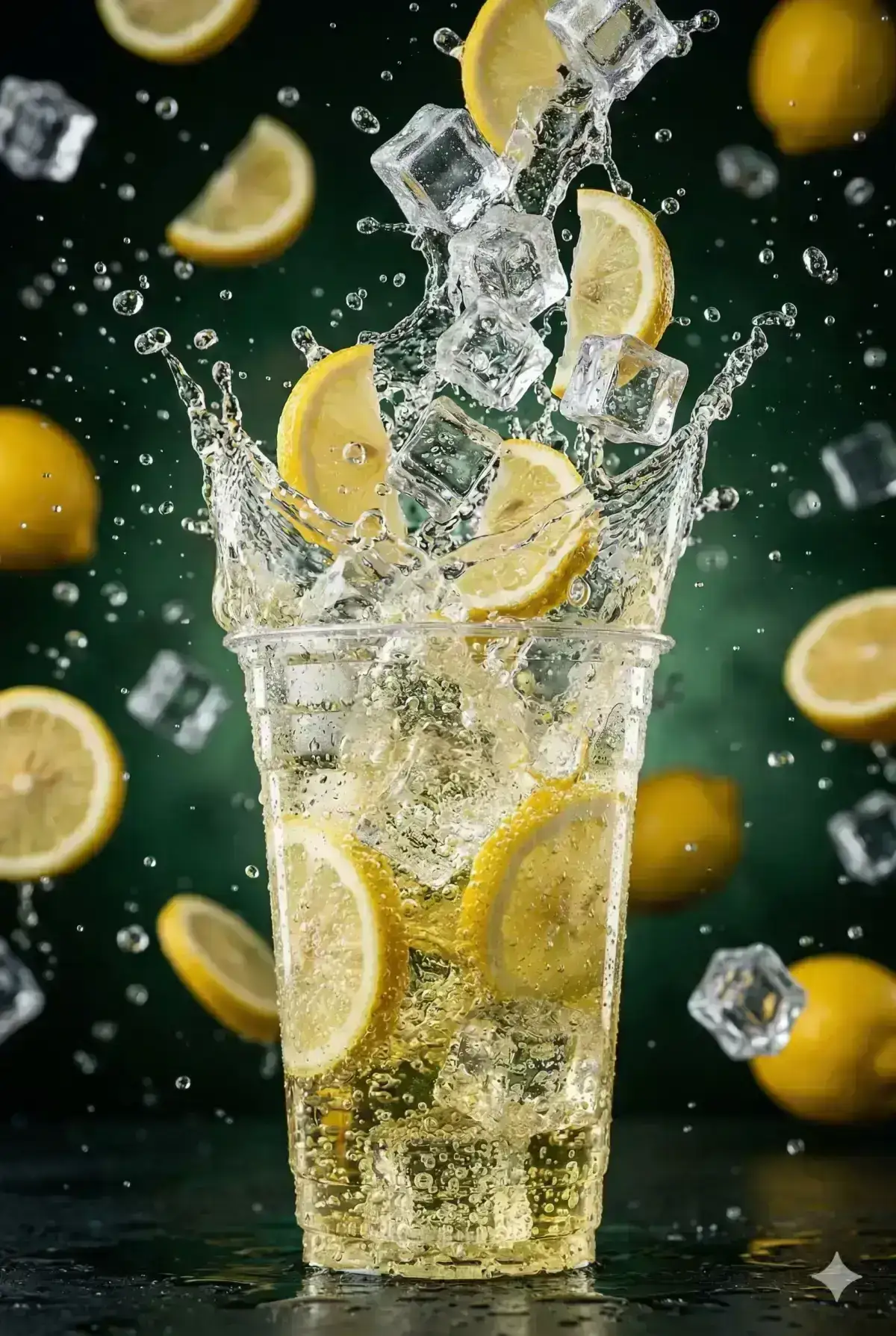  product photography of a transparent soda cup filled with sparkling lemon soda