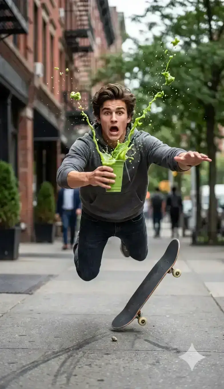 young man on a skateboard hitting a tiny pebble. The board is shooting out behind them, and they are frozen in a "Superman" pose mid-air.