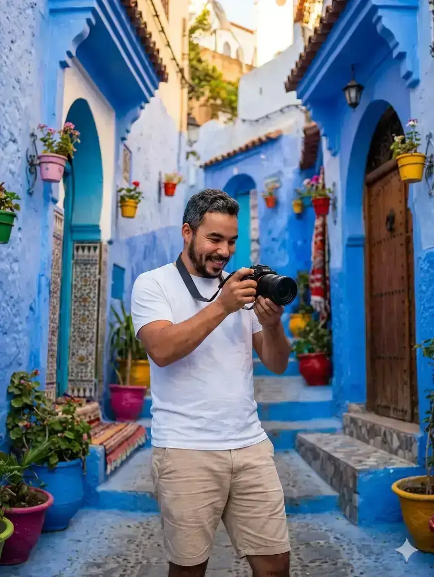 photograph of a young man taking a photo in the beautiful blue city of Chefchaouen, Morocco