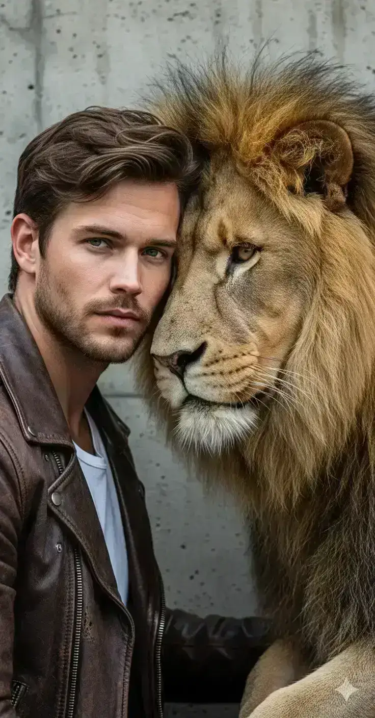portrait of a man, a friend of real lion, captured in a raw, hyper-realistic style