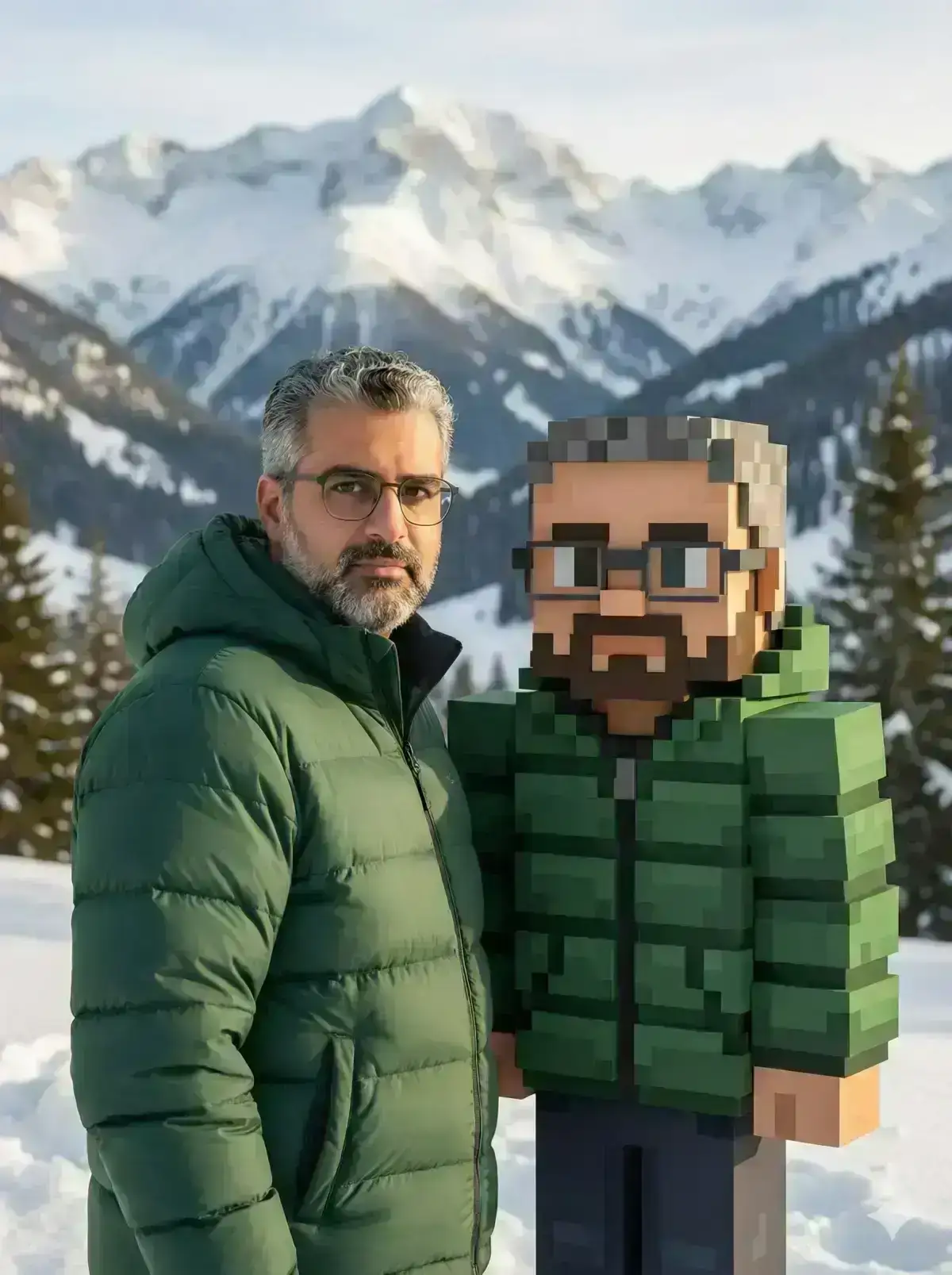 The person is standing in a snowy mountain landscape, without sunglasses, wearing a thick puffer jacket in a random color.