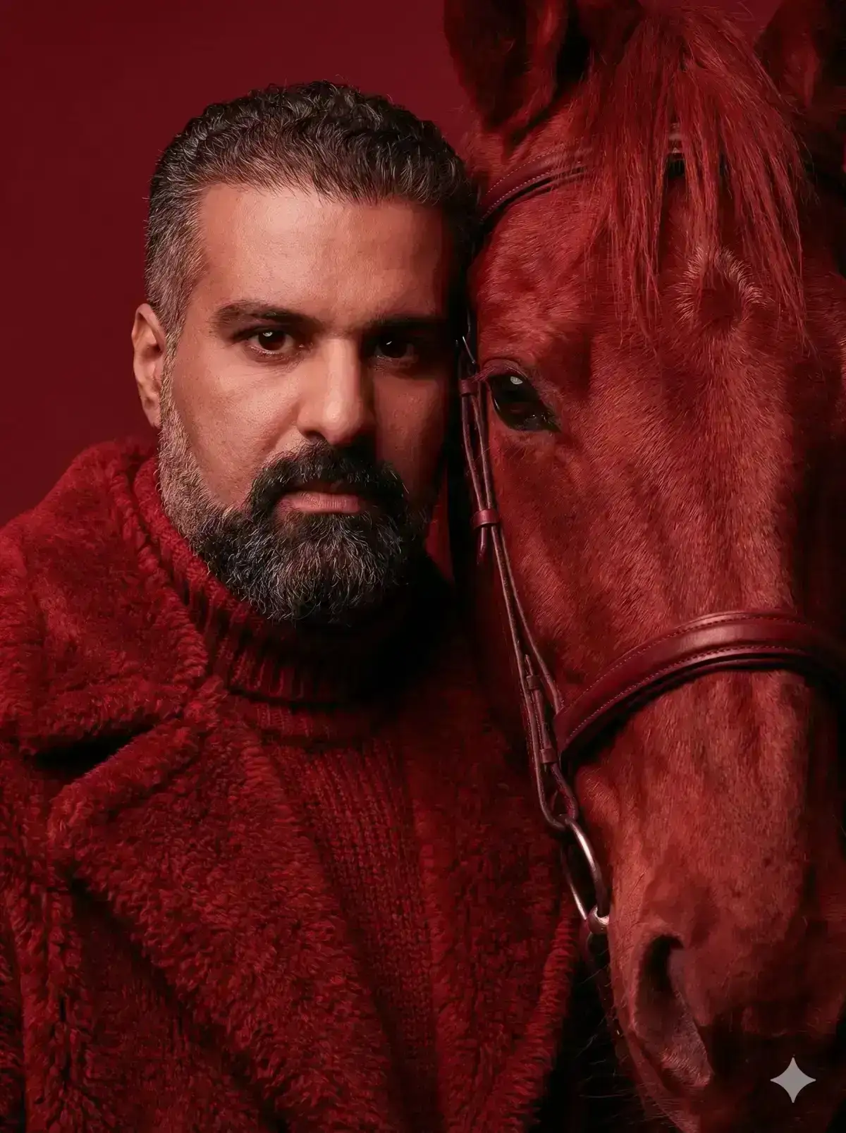 fashion portrait of a young man standing beside a horse, both pressed close together