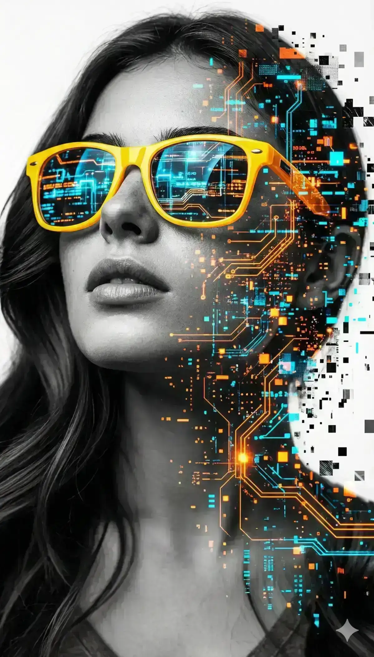 portrait of a woman looking upward, wearing bright yellow sunglasses. The lenses reflect glowing futuristic circuitry and data patterns.