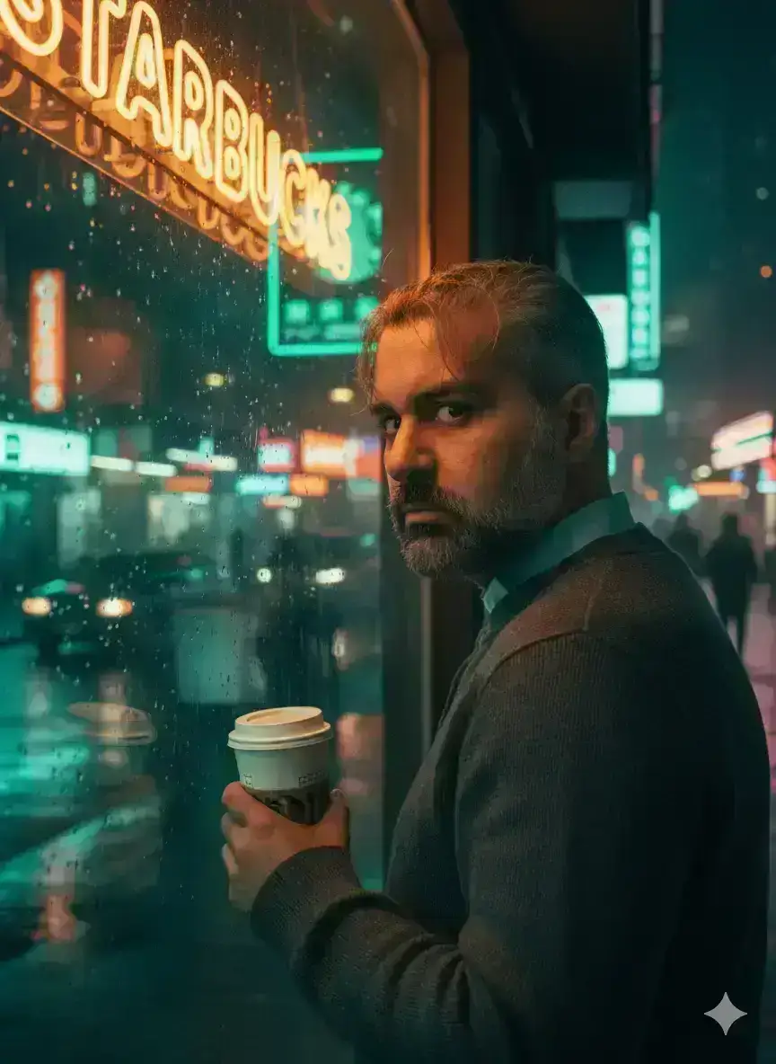 Wong Kar-wai–inspired urban noir cinematic portrait featuring a person.