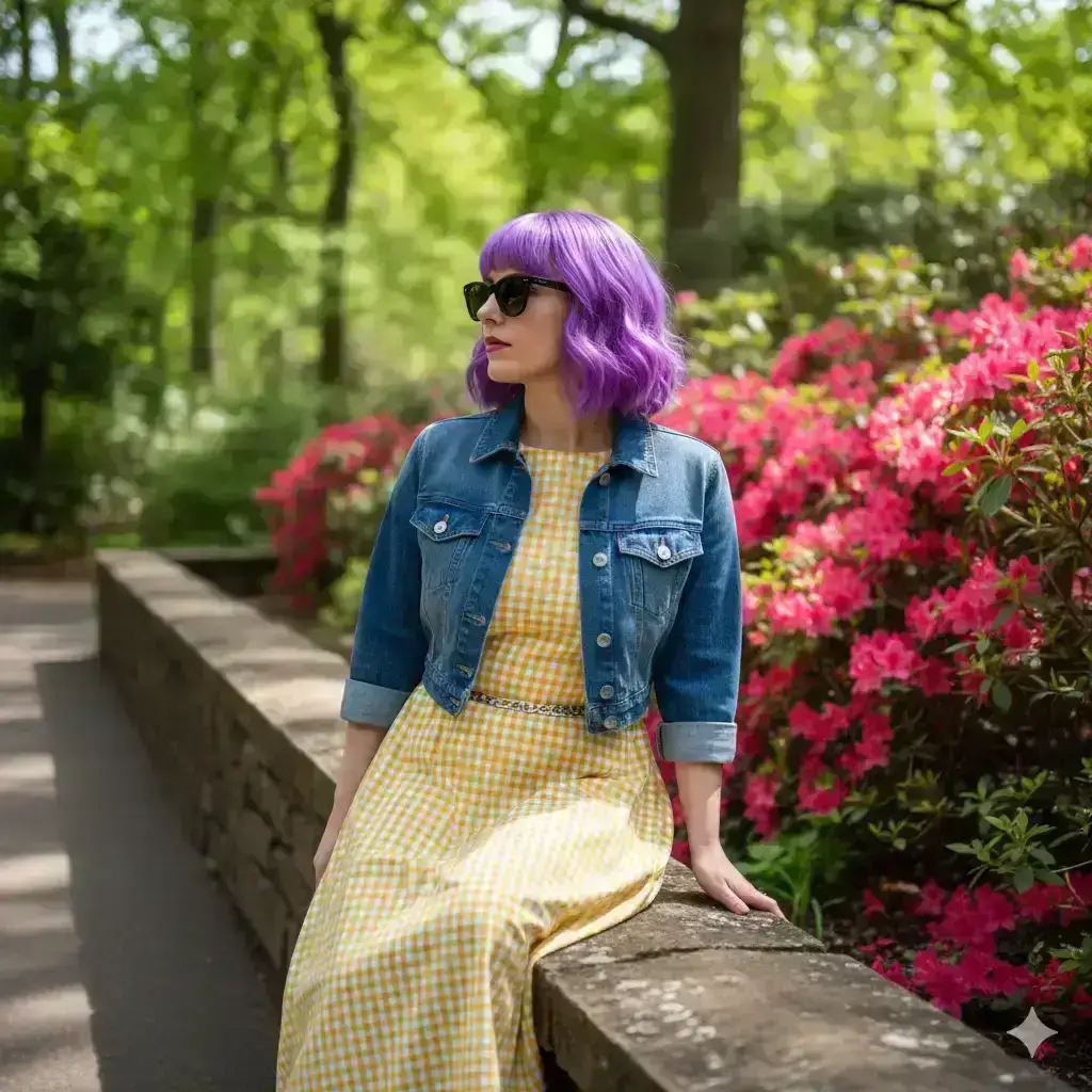 woman sitting in a garden. She has bright purple/violet hair styled in a wavy bob cut with bangs
