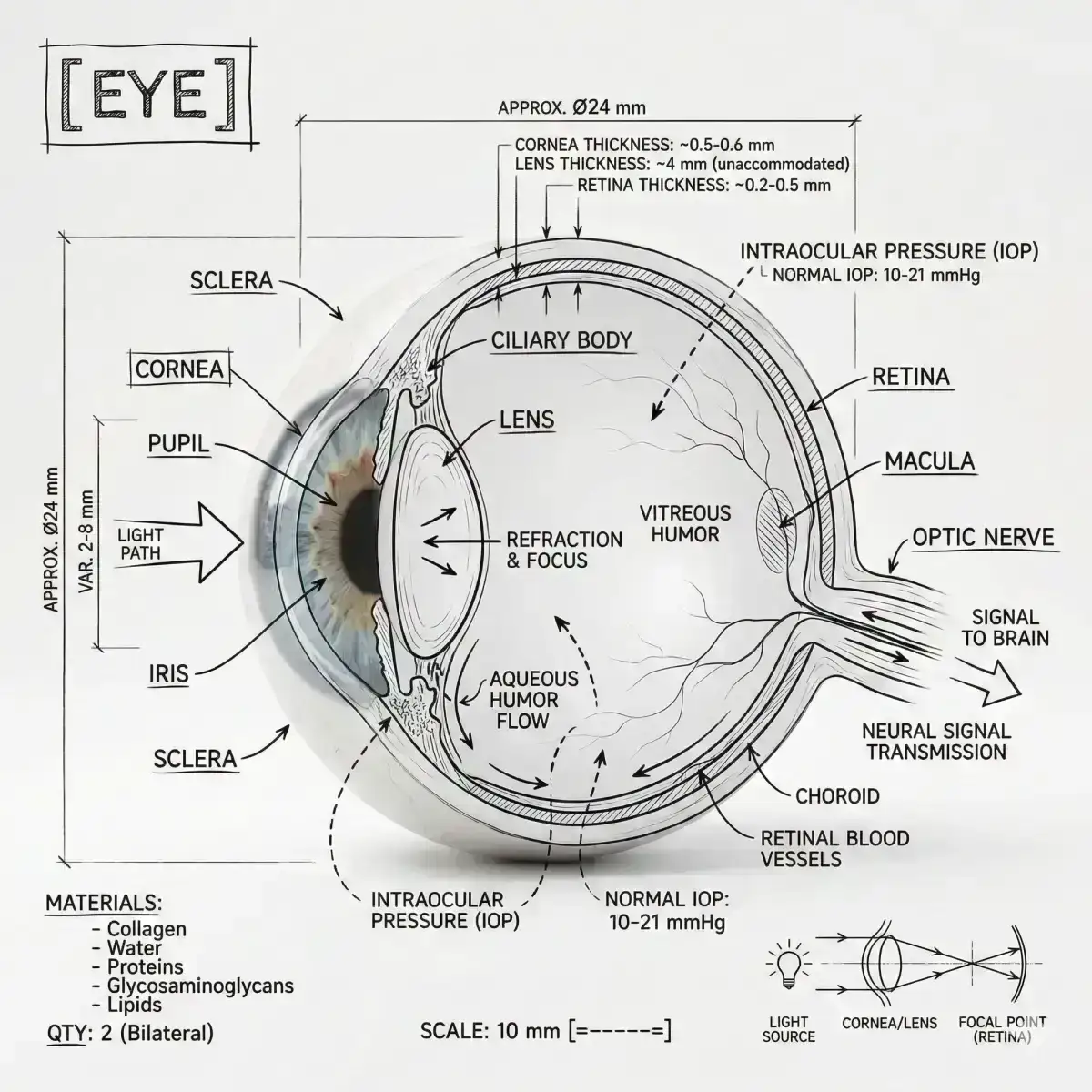 infographic image of [Eye], combining a realistic photograph or photoreal render of the object with technical 