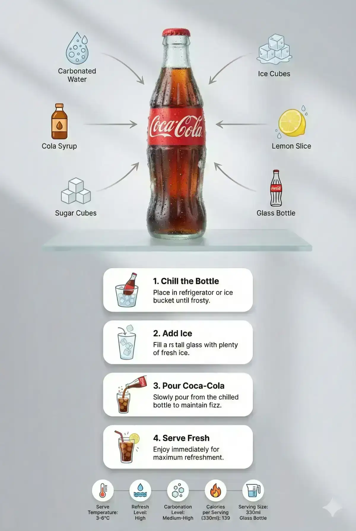 modern product infographic featuring a classic Coca-Cola glass bottle at the center of the composition