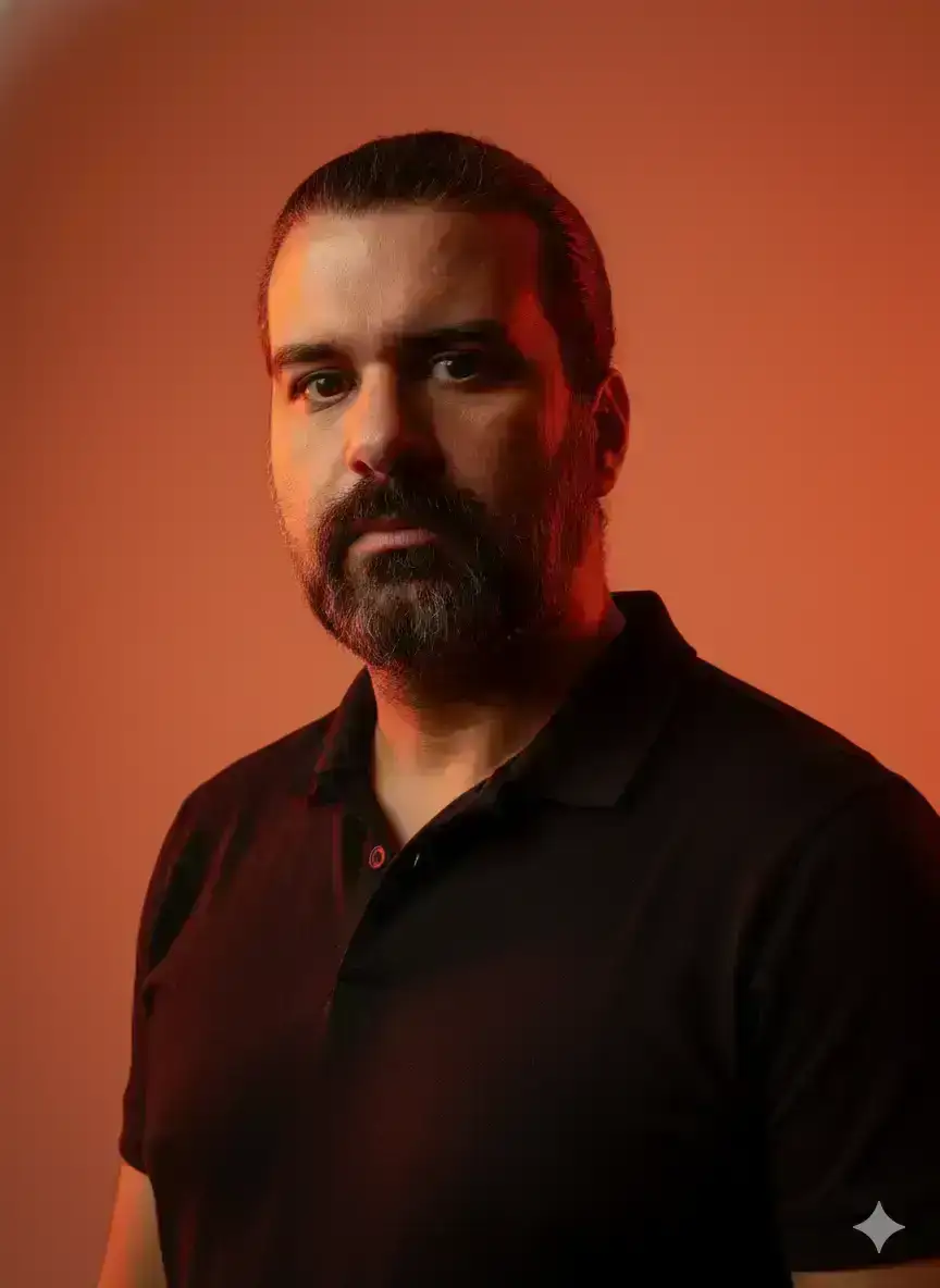  wears a fitted black pique polo shirt with visible cotton texture. Deep matte black color