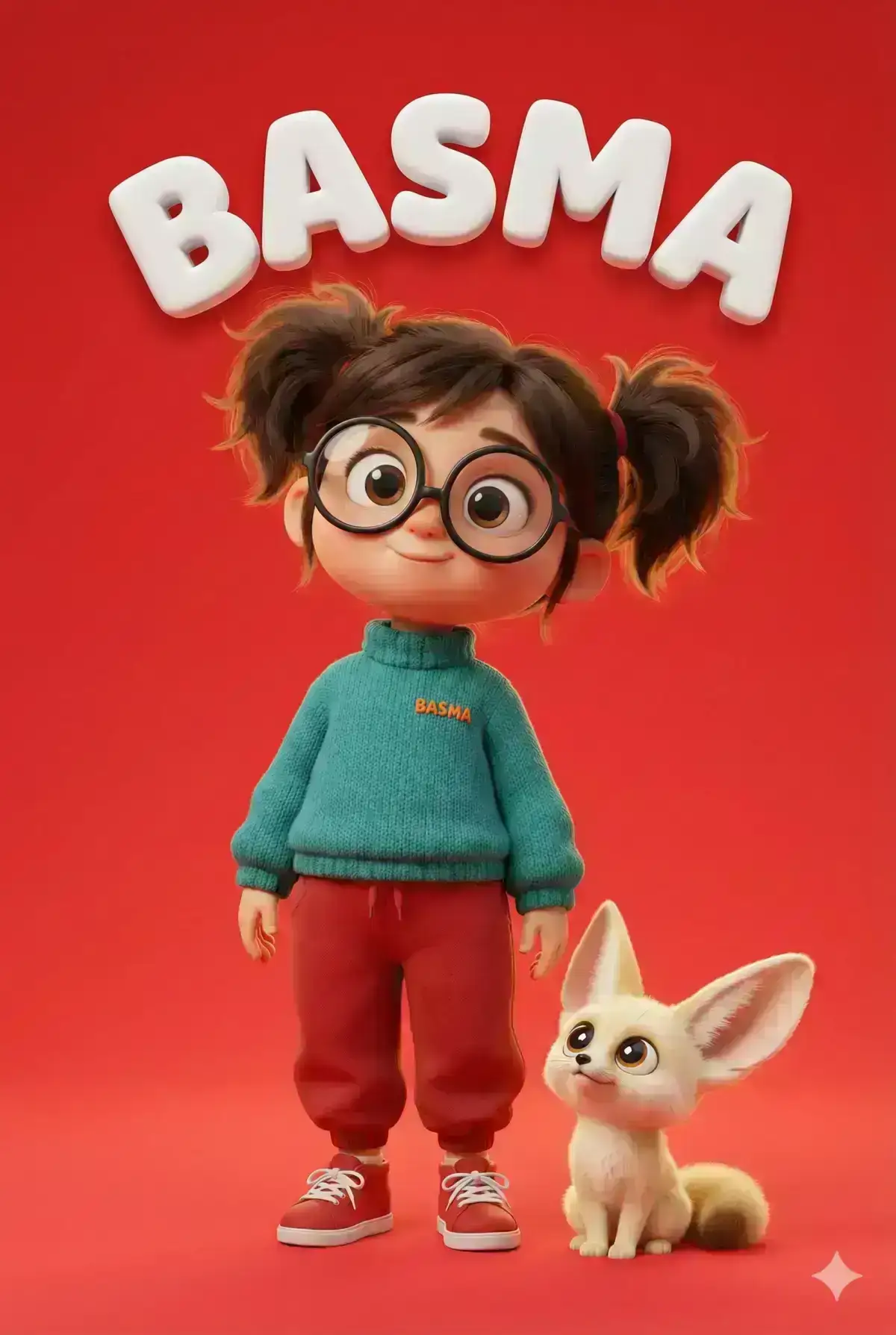 cartoon girl standing against a solid bright red background. She has big expressive brown eyes, round black glasses, and messy twin ponytails