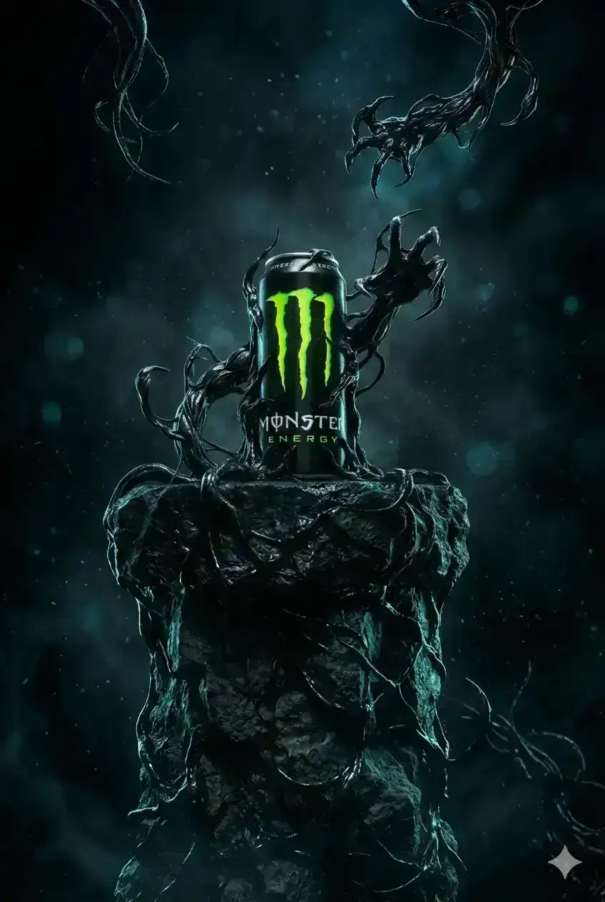 product photography of an official Monster Energy drink can a standard vertical black aluminum energy drink