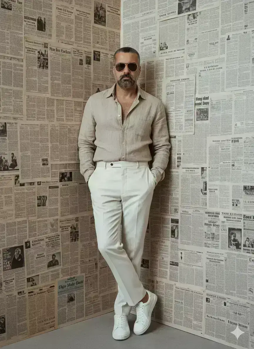 fashion portrait of a handsome man leaning against a corner wall covered entirely in vintage newspaper pages