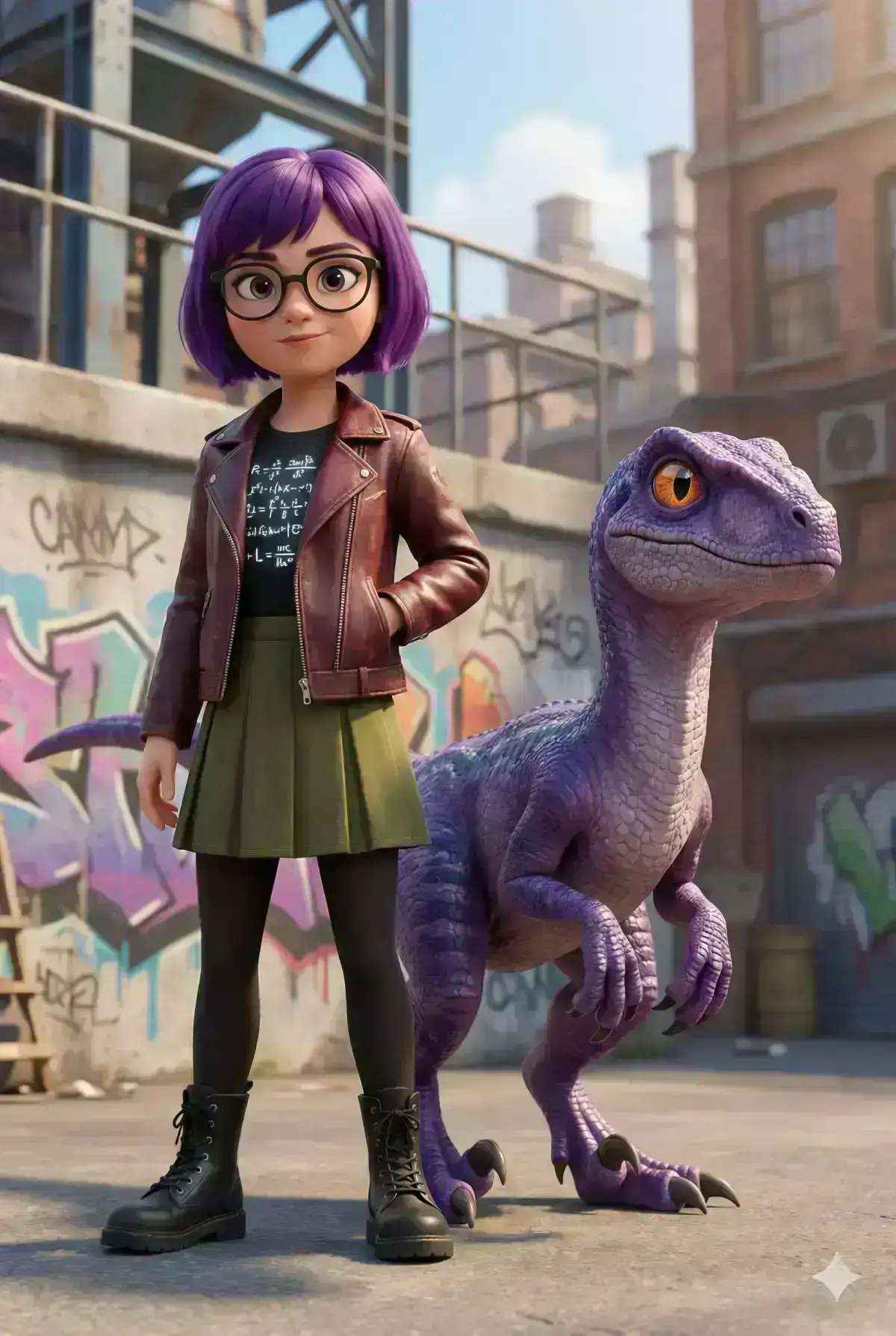 3D cinematic illustration of a confident young girl with short purple bob hair and black round glasses, wearing a black graphic t-shirt with scientific equations