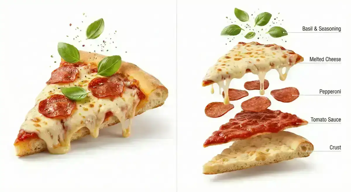 The Pizza start to round spin while ingredients separate gently and precisely, maintaining alignment and scale. 