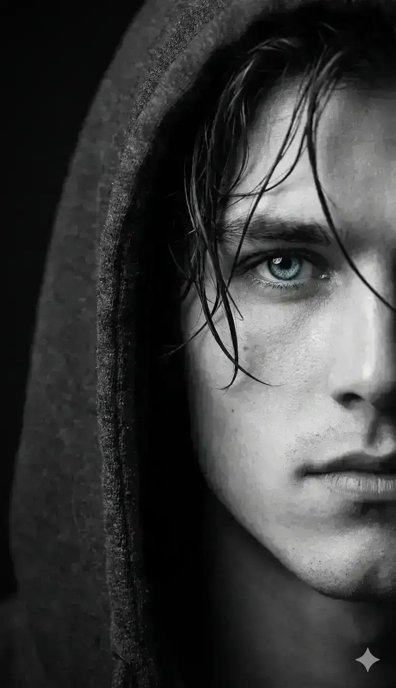 A Cinematic black-and-white portrait of a mysterious young man, half of her face hidden beneath
