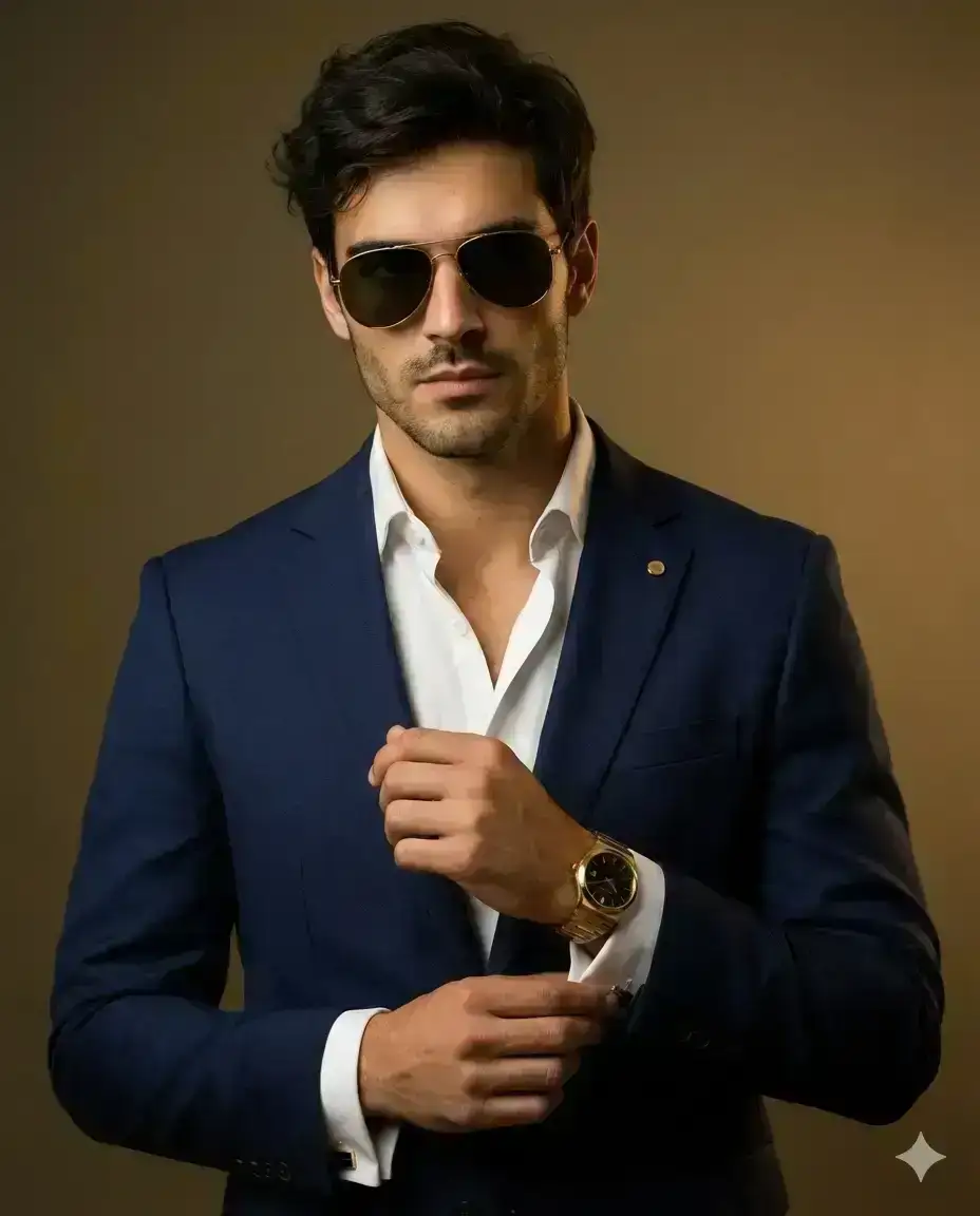 Ultra-realistic cinematic editorial portrait of a confident, well-groomed young man wearing a perfectly tailored navy blue suit with sharp structured shoulders and a slim