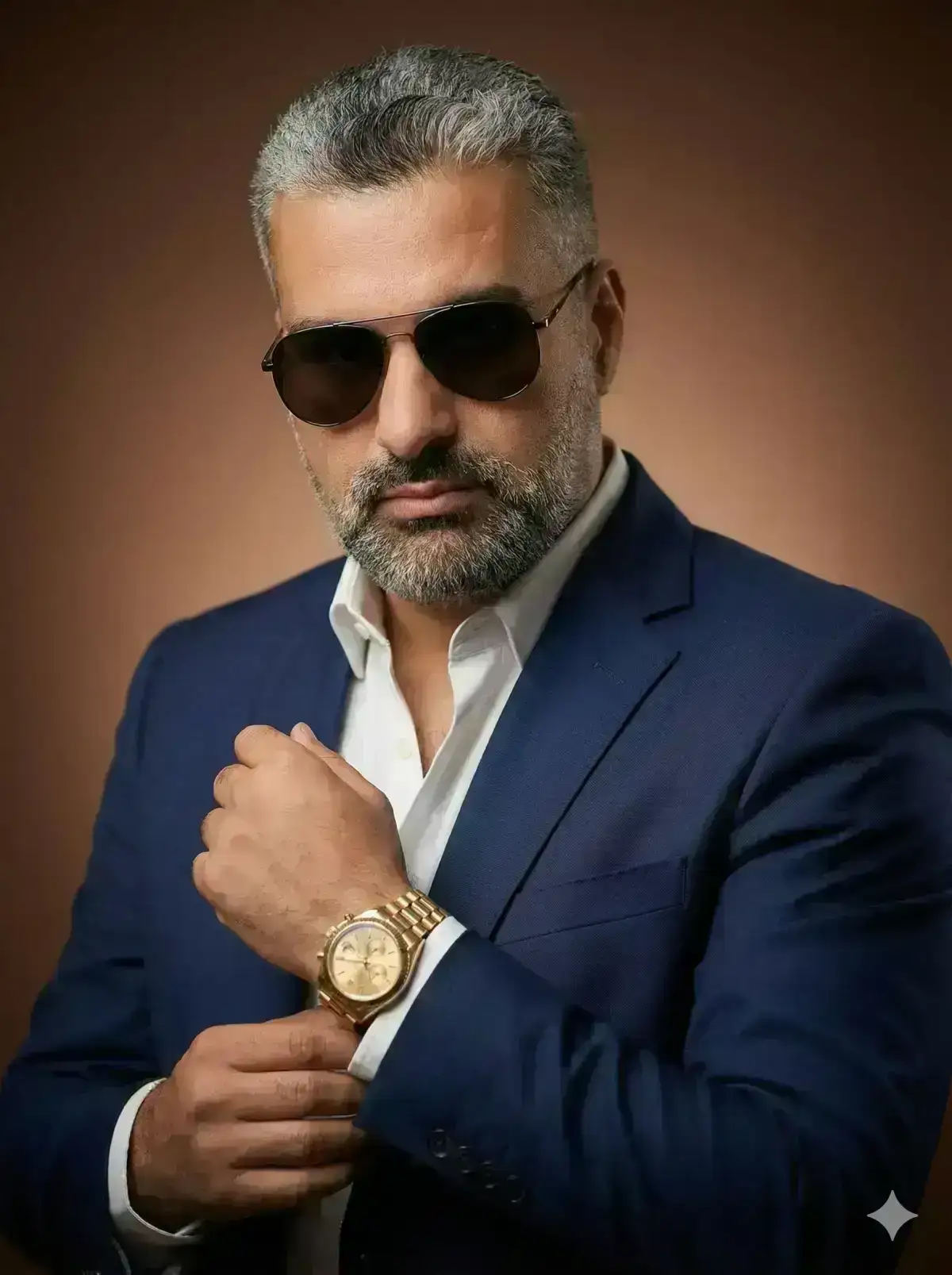 A stylish, confident man wearing a tailored navy blue suit with a crisp white dress shirt slightly 