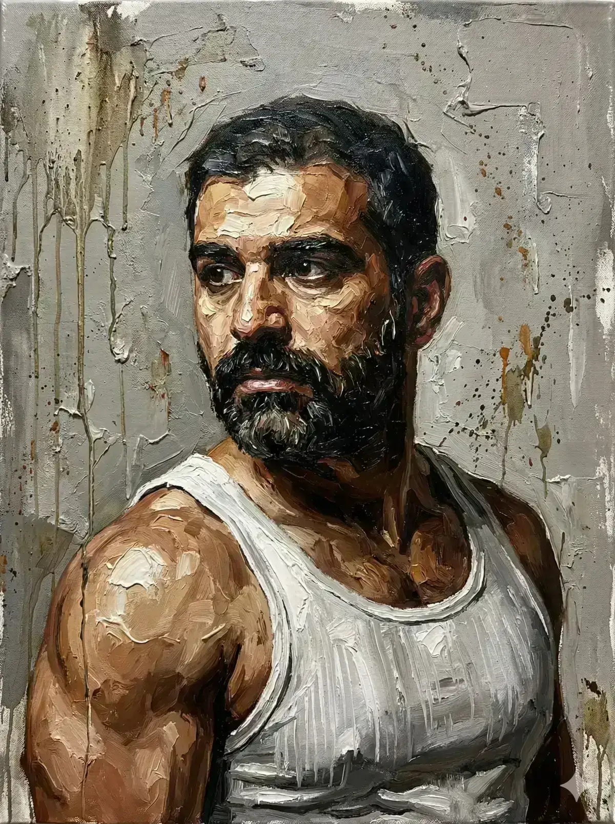 oil painting of a rugged, athletic man wearing a white ribbed tank top