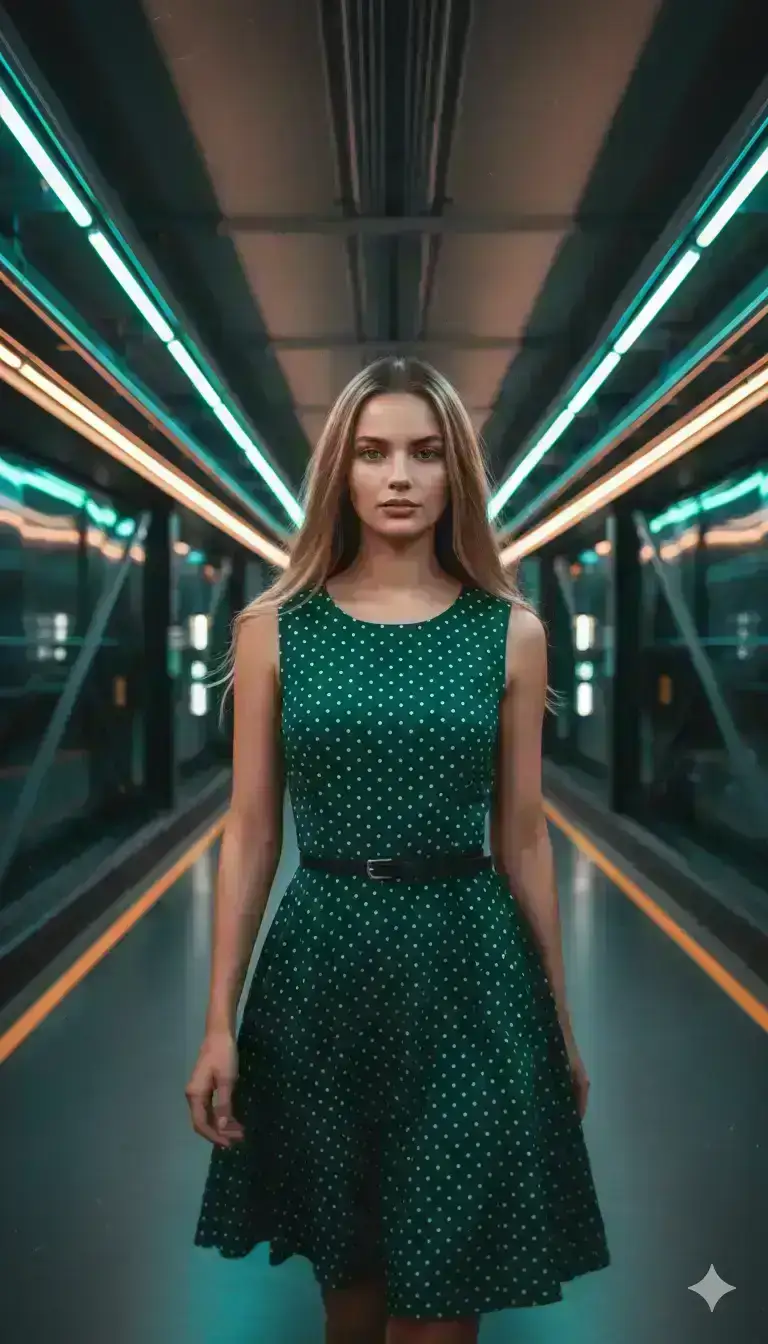 cinematic portrait of a young woman walking through a futuristic underground tunnel, centered composition, shallow depth of field