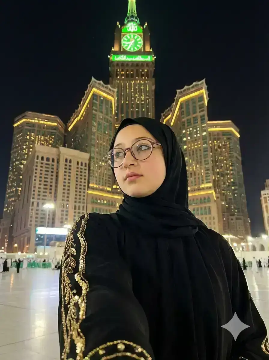 nighttime selfie with a spiritual and aesthetic feel, combining serene facial features with the grandeur of modern Islamic architecture
