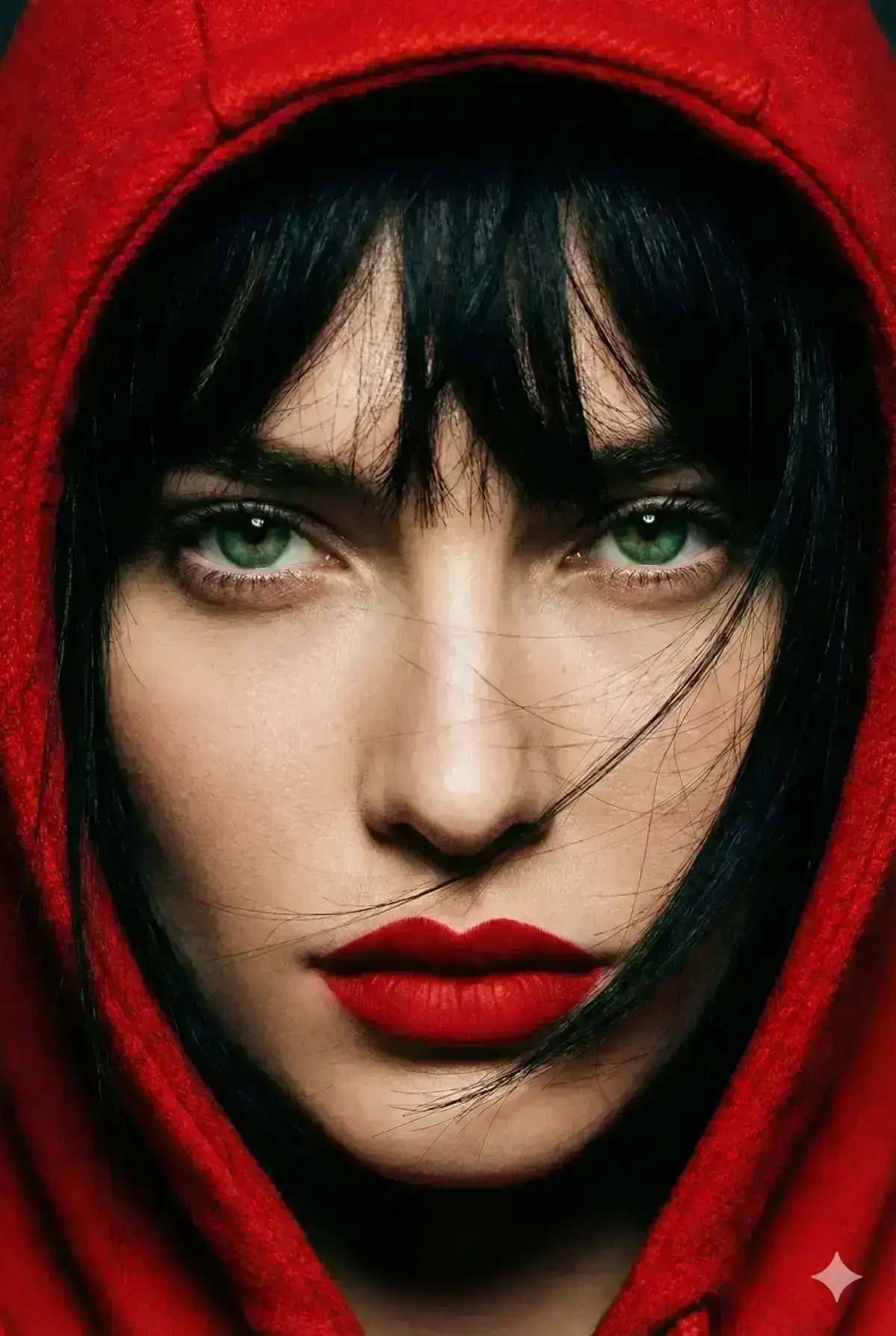 close-up portrait of a woman with piercing green eyes