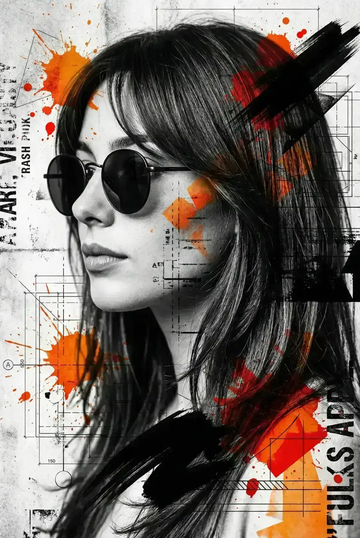 portrait of a woman wearing round sunglasses, side profile view, trash polka art style