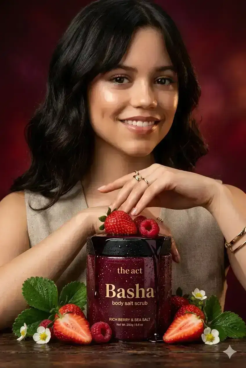 luxury skincare ad: a deep burgundy jar labeled “the act” with the product name “Basha”