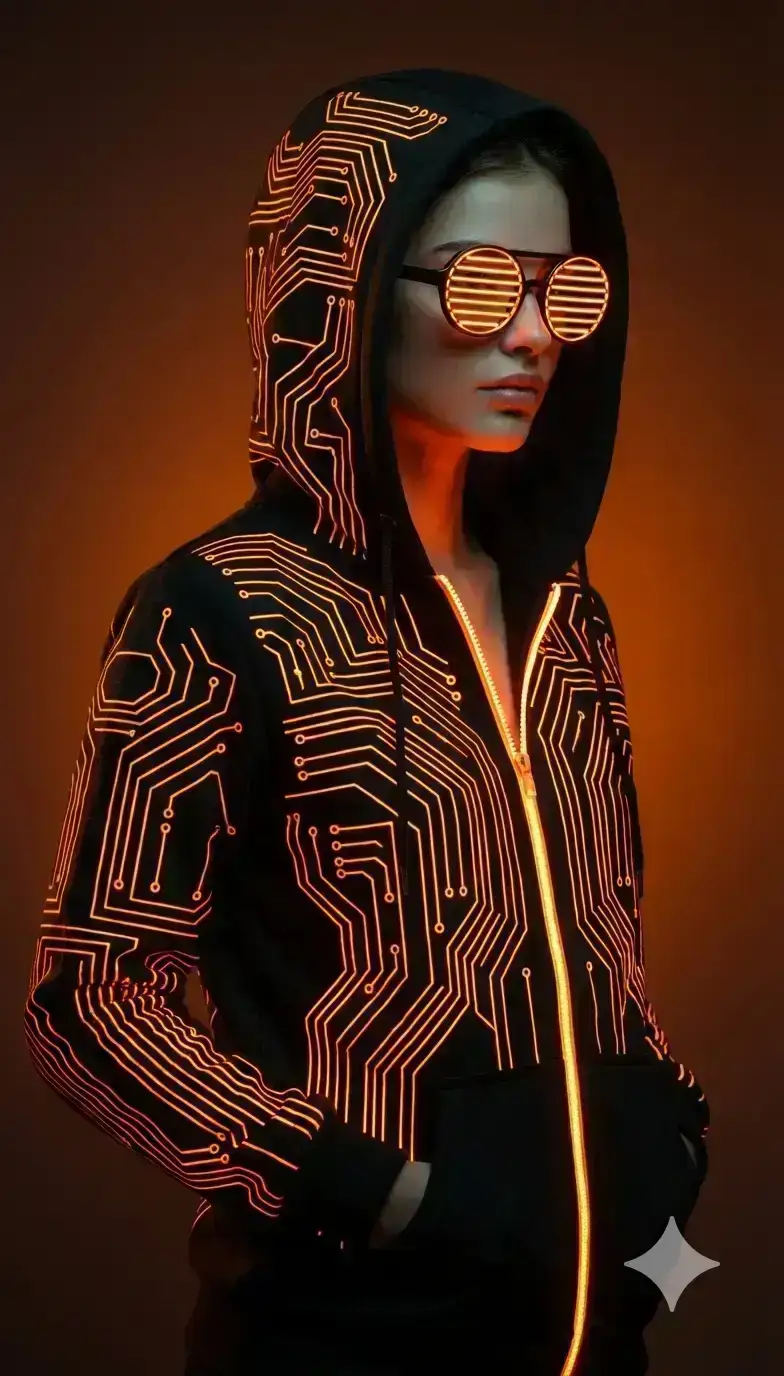wears black cyberpunk hoodie fully covered in bright glowing neon-orange circuit lines and illuminated zipper