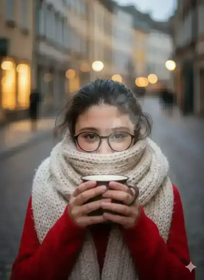 Portrait of a young woman outdoors in a cozy winter atmosphere