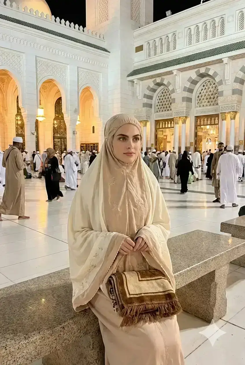 young moroccan Muslim woman standing in the courtyard of a grand white mosque at night