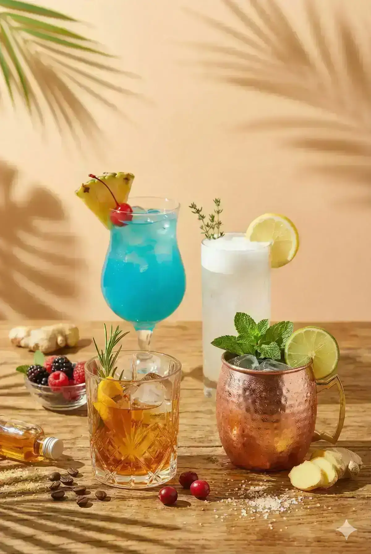 Professional product photography of assorted summer cocktails in a tropical minimalist studio setting. 