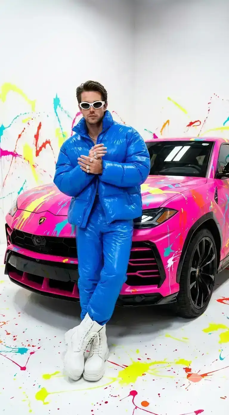 luxury automotive fashion editorial shot inside a pristine white studio