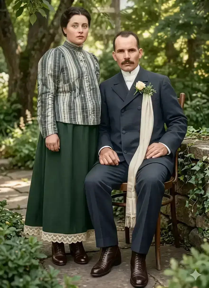 Restore and enhance an old damaged black-and-white photograph of a vintage couple. Remove cracks