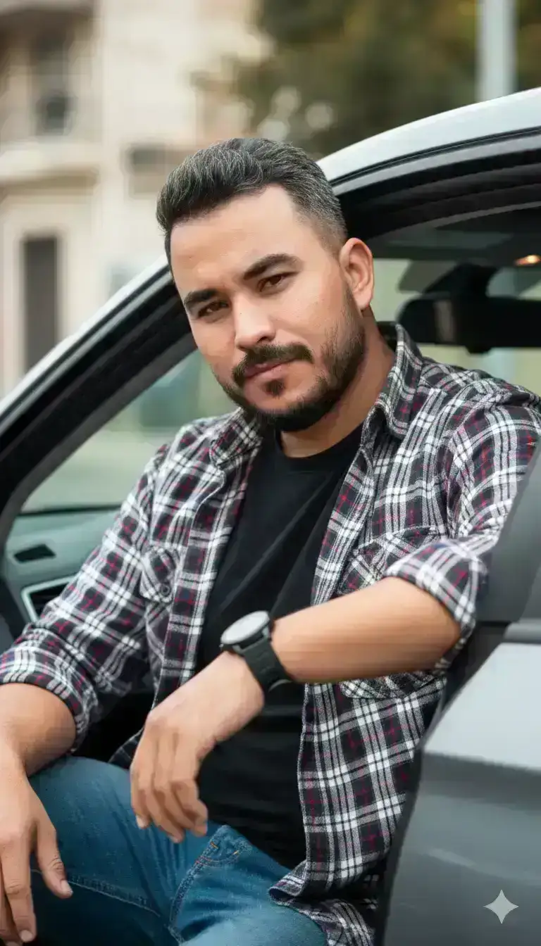A handsome young man in his mid-20s with tanned skin