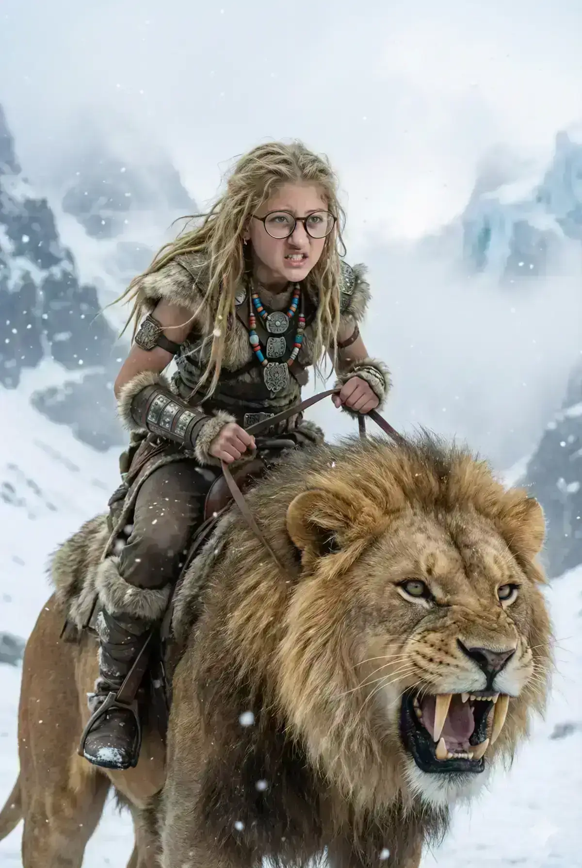 fierce fantasy warrior woman with long, wind-tangled blonde hair rides atop a massive saber-toothed lion in a frozen mountain landscape. 