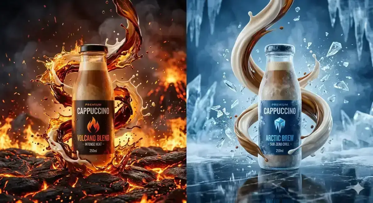 commercial advertisement featuring two contrasting versions of a premium cappuccino bottle