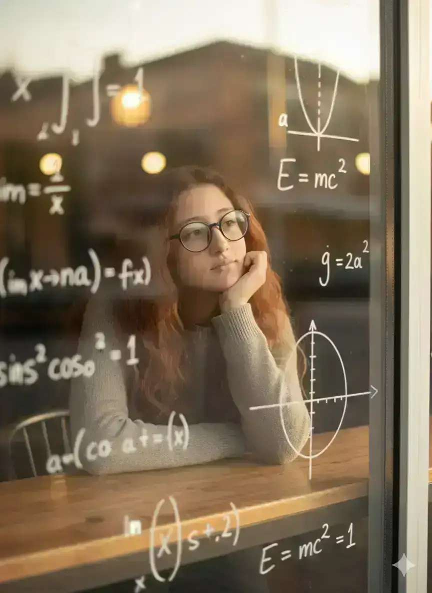young woman with wavy auburn hair sitting alone at a wooden café table next to a large glass window
