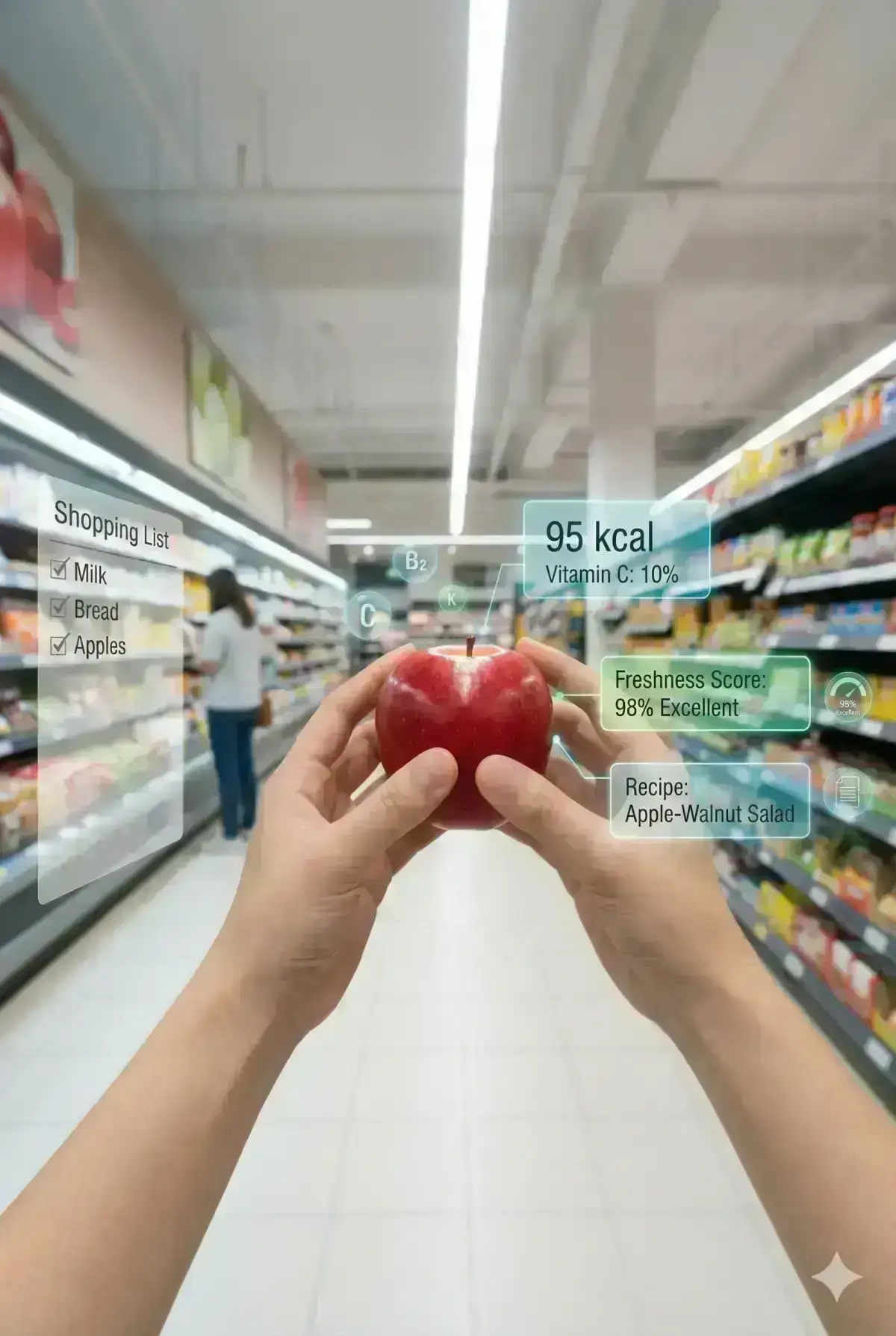 POV standing in a bright supermarket aisle, realistic human hands holding a fresh apple close to the camera. A layered holographic AR interface surrounds the fruit, displaying nutrition