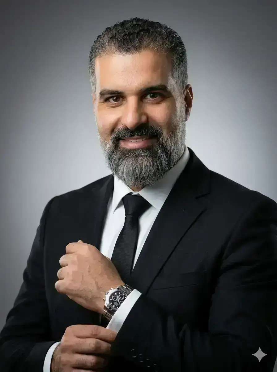 studio portrait of a confident young businessman wearing a tailored black suit and black tie, white dress shirt, slight natural smile