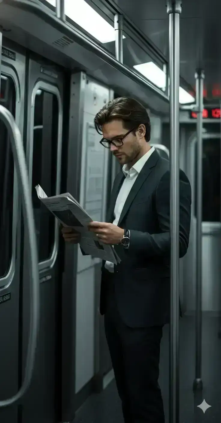 Cinematic Fashion-editorial Portrait Of A Person, Captured As A Candid Full-body To Three-quarter Frame Inside A Modern Subway