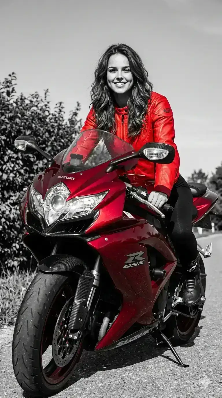 wide-lens shot of a woman sitting confidently on a Suzuki GSX-R sportbike