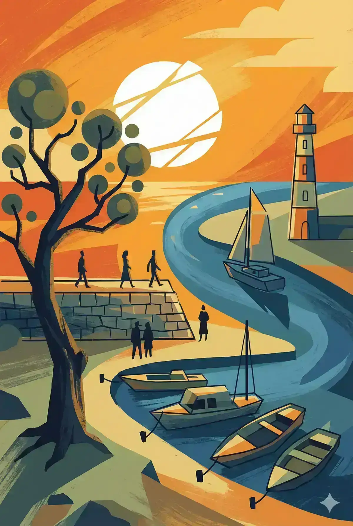 Abstract drawing of a lighthouse and sailboat on a river, with a tree in the foreground, boats moored at the shoreline