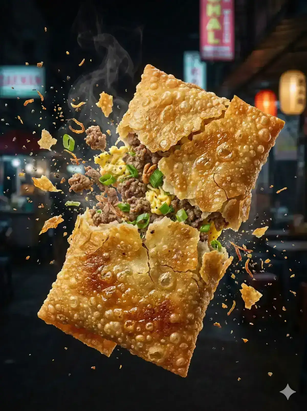  crispy Indonesian martabak telur tearing open mid-air