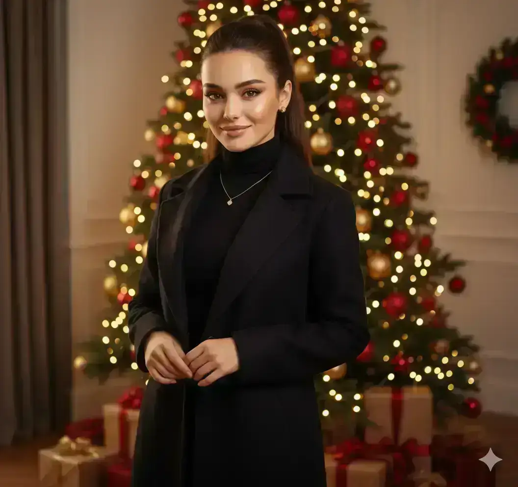 Festive Woman Beside Christmas Tree